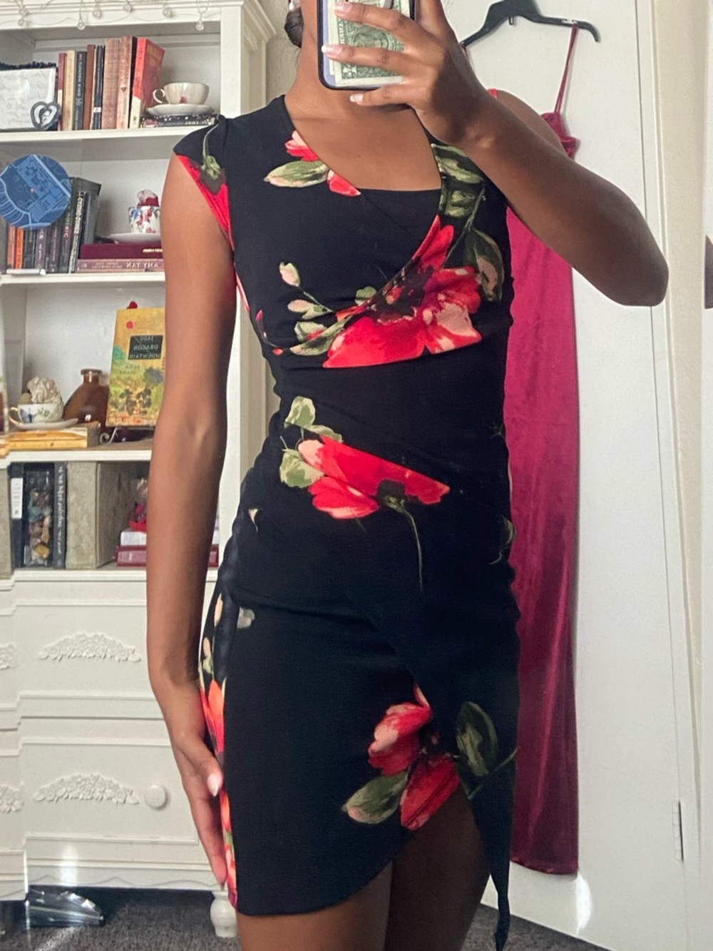 Joe & Elle Black Dress with Pink Floral and Green Accents